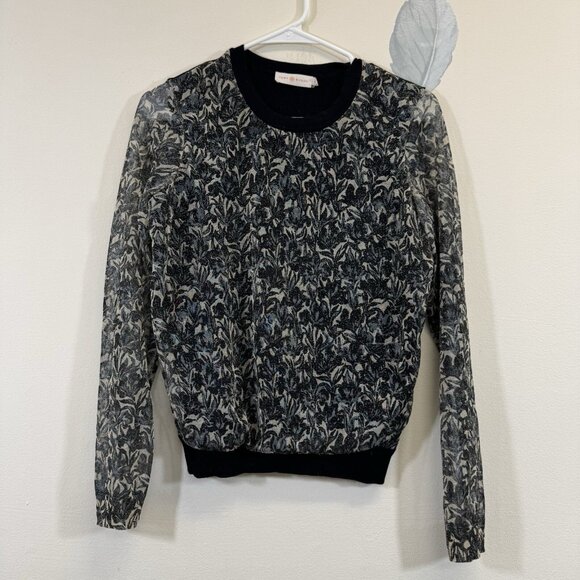 Tory Burch Metallic Floral Merino Wool Sweater Size M Long Sheer Sleeve - Picture 2 of 7